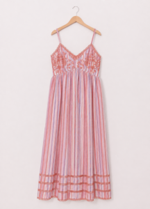 VESTIDO LARGO DE RAYAS CON BORDADO Y LUREX