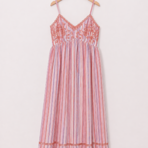 VESTIDO LARGO DE RAYAS CON BORDADO Y LUREX